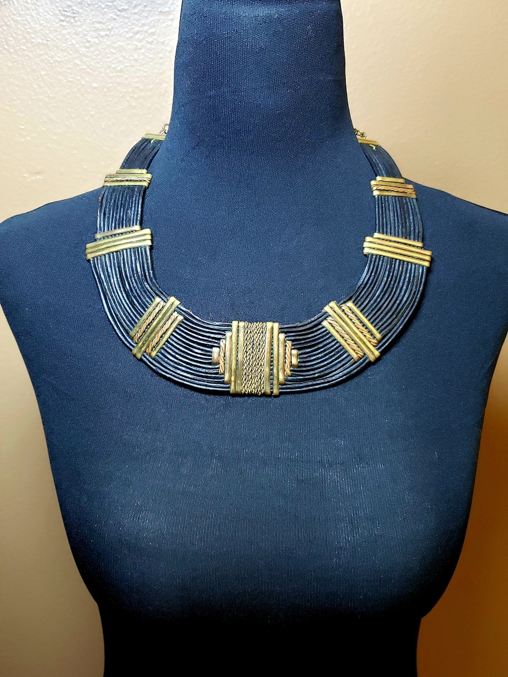 Vintage Multi-Strand Black & Gold-Tone Statement Bib Necklace